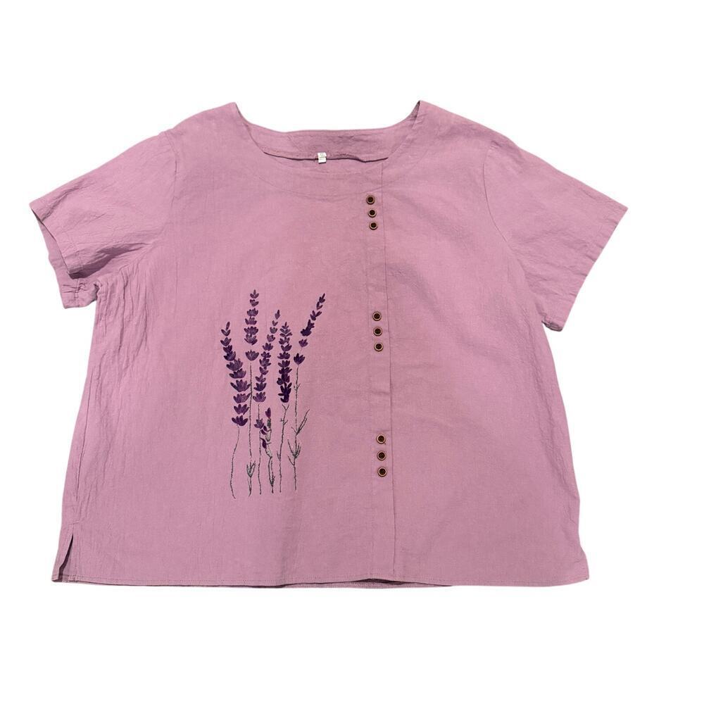 Lavender Purple Floral Cotton Top Cottage Boho 2x Botanical Spring Cotton Artsy